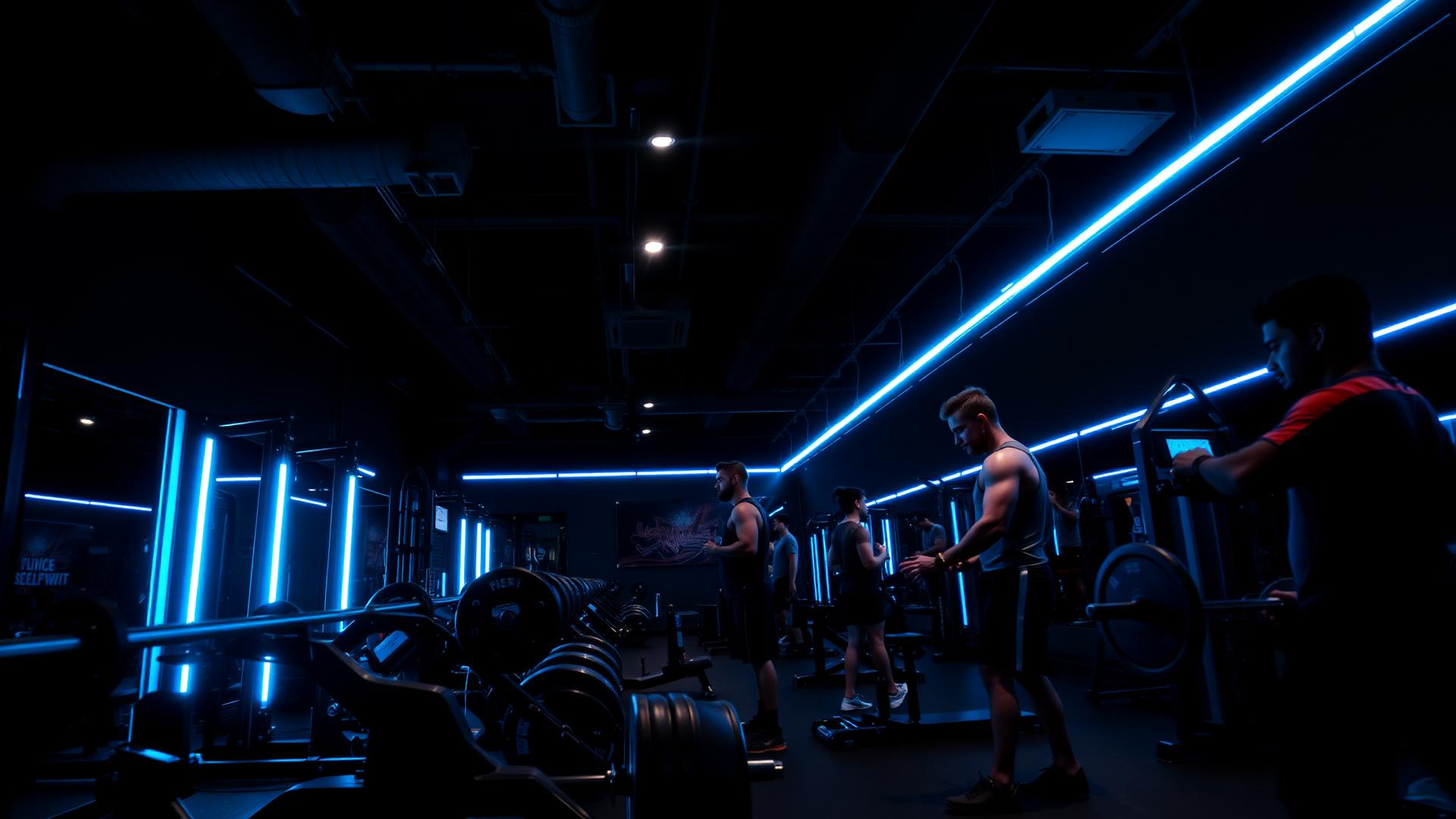 Fitness Academy Batumi gym floor with neon blue lighting